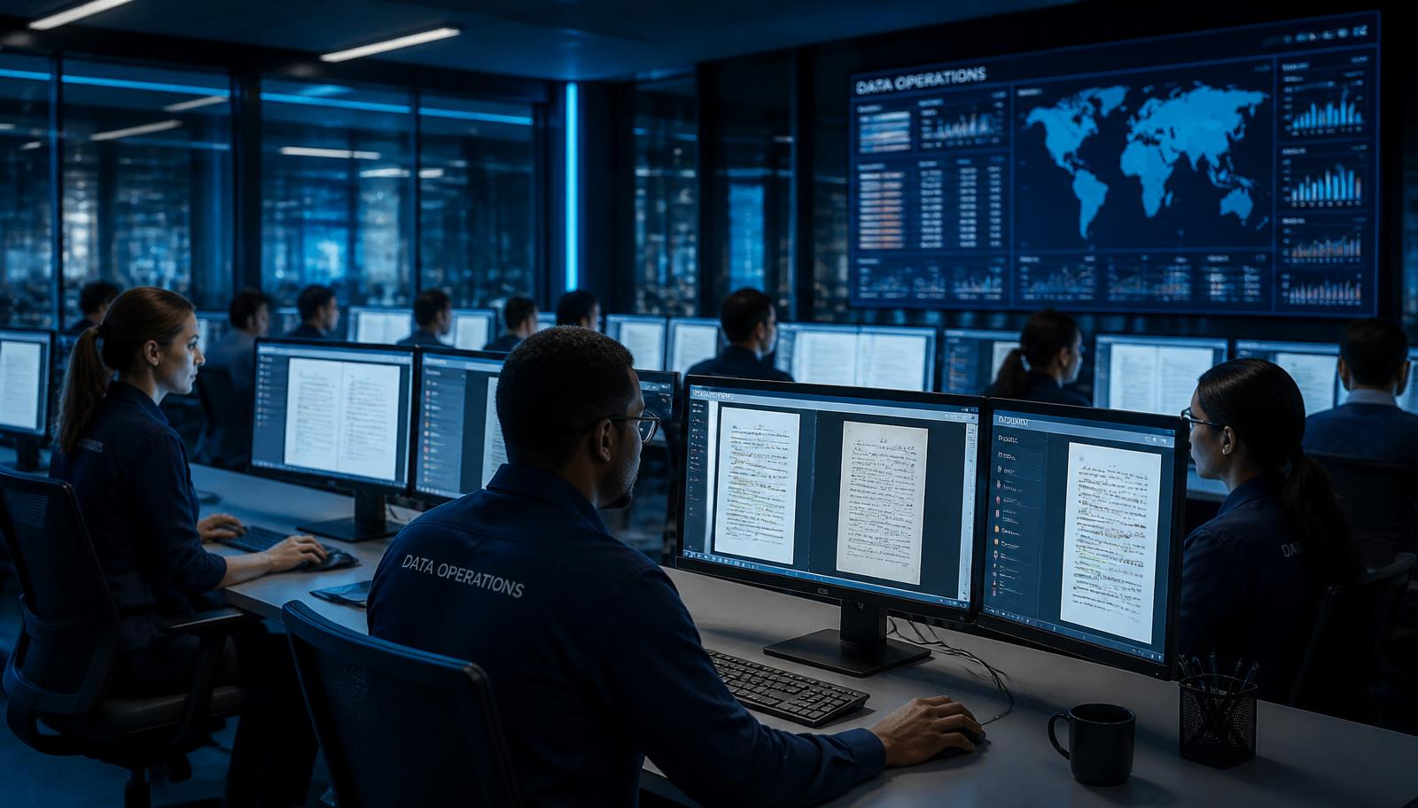 Analysts reviewing document scans in a BETALEN AI data operations centre