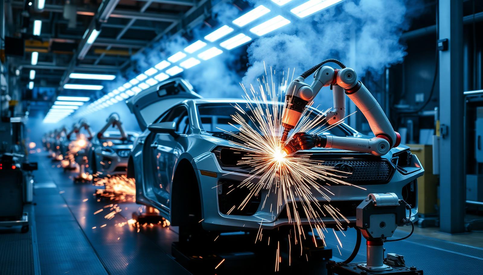 Robotic welding arm on an automotive assembly line
